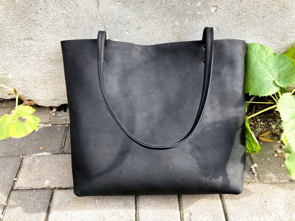 Large Black Leather Tote with front pocket , Work and travel leather bag