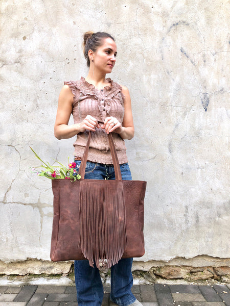 Extra Large Leather bag with fringe,  Oversized work and travel  leather bag