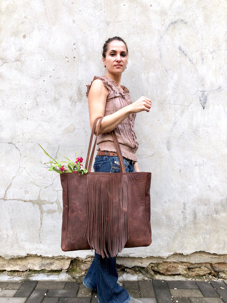 Extra Large Leather bag with fringe,  Oversized work and travel  leather bag