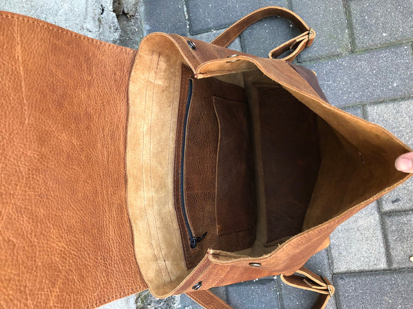 Large Brown Leather Backpack Rucksack, School Work Computer Backpack