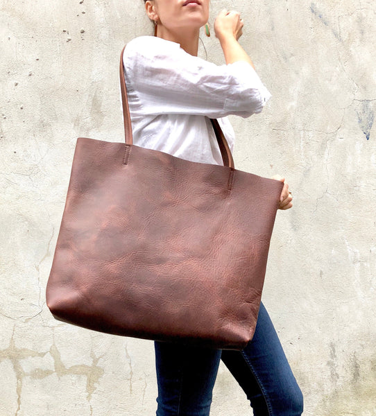 Large Brown Leather Tote Bag, Oversized Leather Shopper bag with zipper