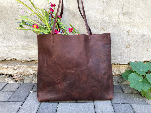 Large Brown Leather Tote Bag, Oversized Leather Shopper bag with zipper