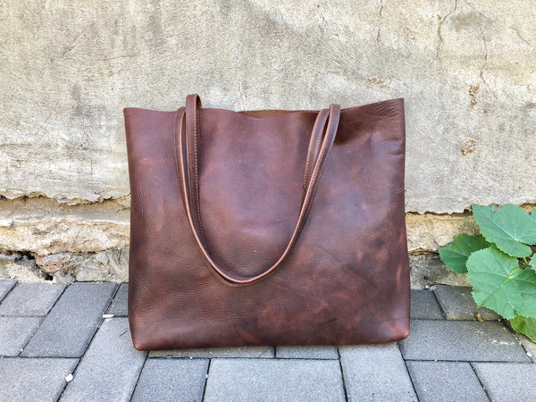 Large Brown Leather Tote Bag, Oversized Leather Shopper bag with zipper