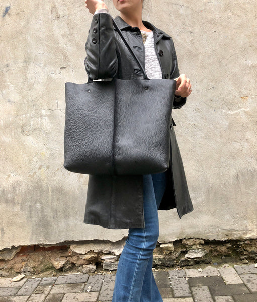 Large Black Leather Tote, Work and travel leather bag, Crossbody bag