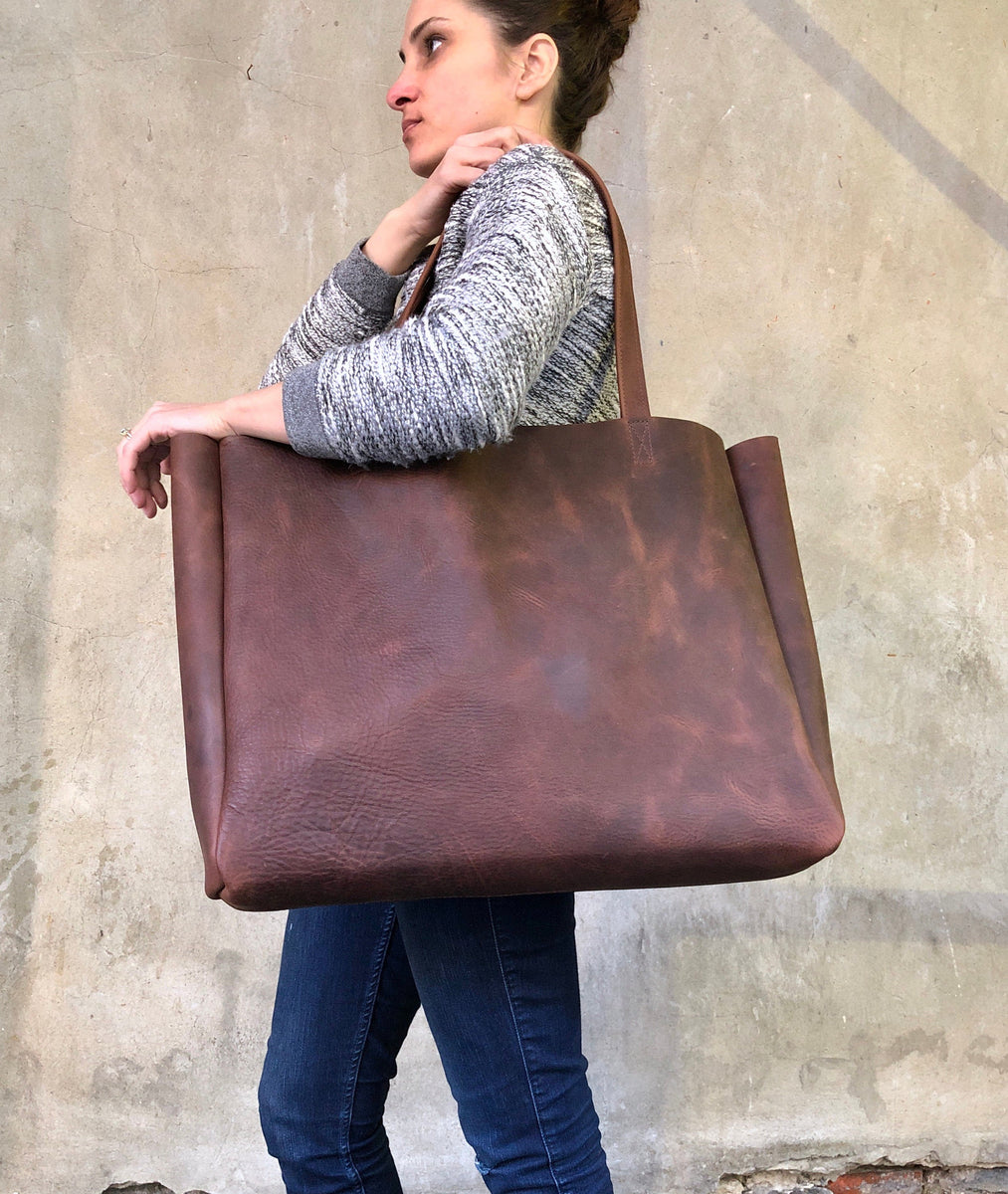 Brown Oversize Leather Tote Bag, Leather Purse, Shopping Bag, Big Shoulder Bag, Leather Everyday Tote, Dark Brown Extra Large Tote