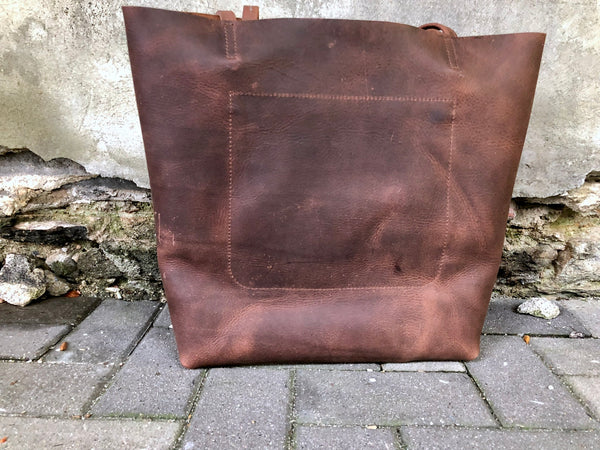 Large brown leather tote bag , Tall computer bag