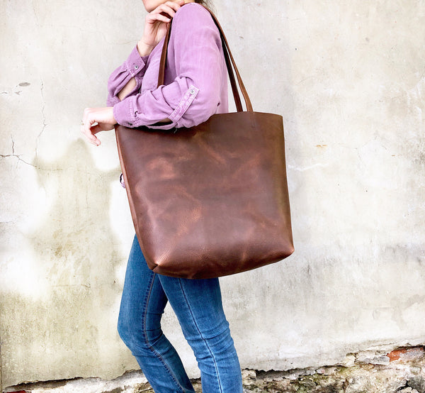Large brown leather tote bag , Tall computer bag