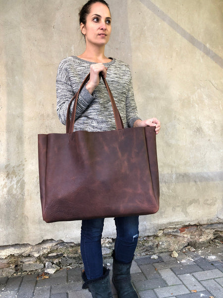 Extra large brown leather tote bag 24”x 15”