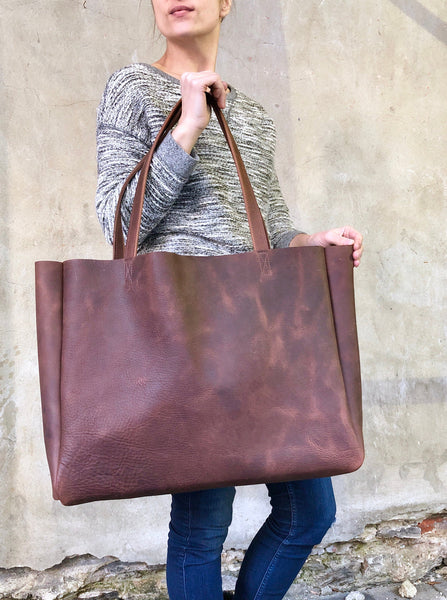 Extra large brown leather tote bag 24”x 15”