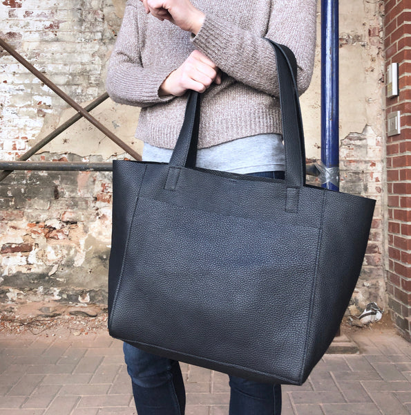Large black leather tote bag, Front pocket work and travel computer bag