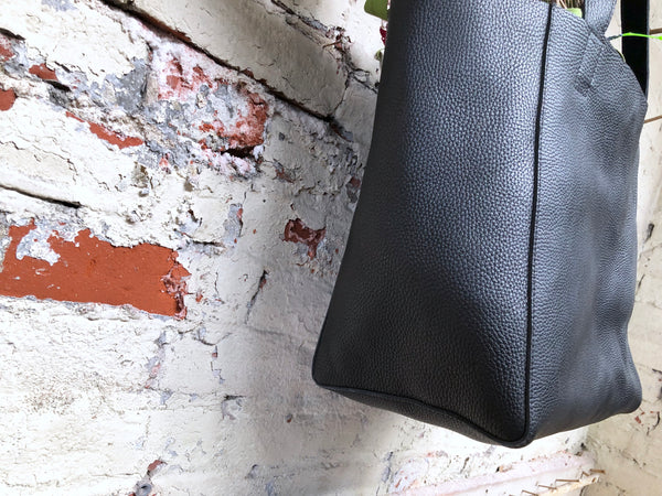 Large black leather tote bag, Front pocket work and travel computer bag