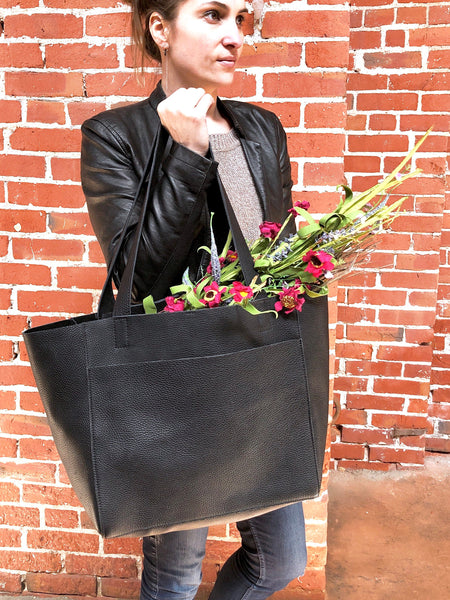 Large black leather tote bag, Front pocket work and travel computer bag
