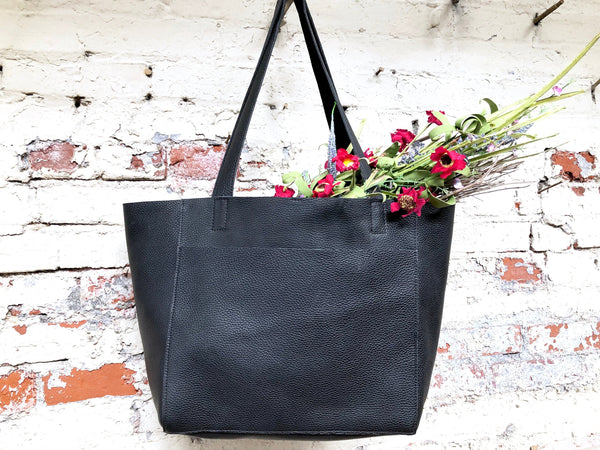 Large black leather tote bag, Front pocket work and travel computer bag