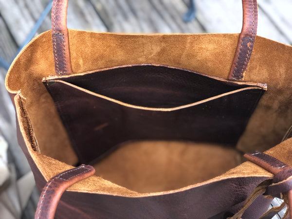 Small Brown Leather Tote, Work and travel leather bag with tassels