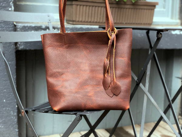 Small Brown Leather Tote, Work and travel leather bag with tassels