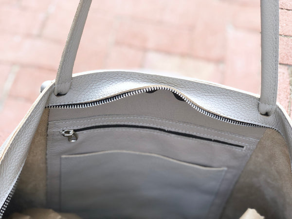 Silver cowhide leather tote bag 22”x 14” Large work and travel computer bag