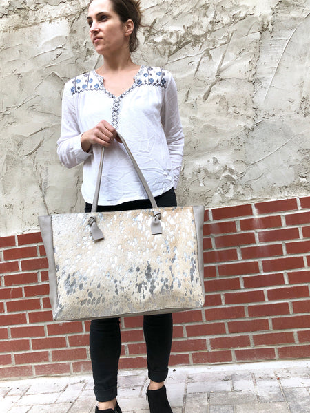Silver cowhide leather tote bag 22”x 14” Large work and travel computer bag