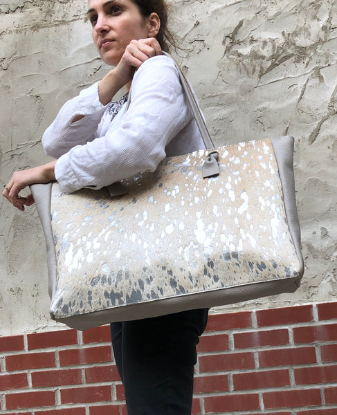 Silver cowhide leather tote bag 22”x 14” Large work and travel computer bag