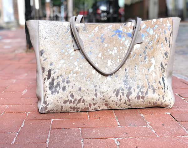 Silver cowhide leather tote bag 22”x 14” Large work and travel computer bag