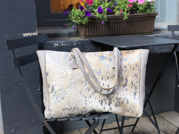 Silver cowhide leather tote bag 22”x 14” Large work and travel computer bag