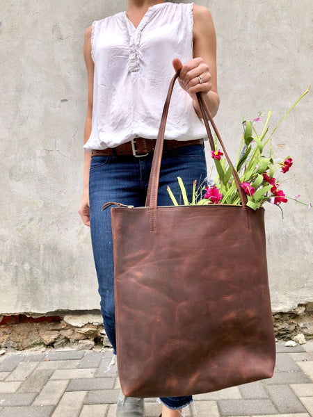 Tall Leather bag with zipper, Everyday leather tote