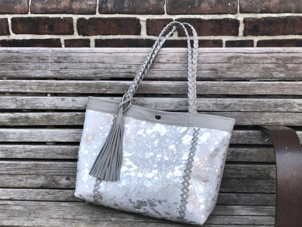 Silver cowhide leather tote, Boho bag, Large work and travel computer bag