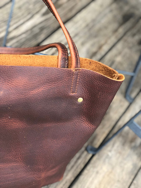 Small Brown Leather Tote, Work and travel leather bag with tassels