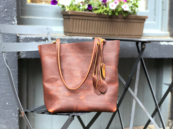 Small Brown Leather Tote, Work and travel leather bag with tassels