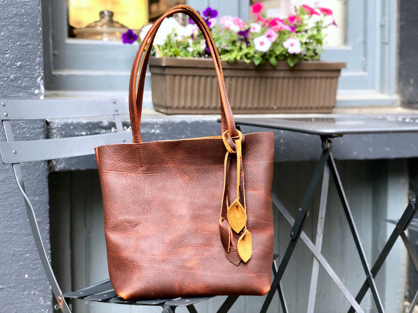 Small Brown Leather Tote, Work and travel leather bag with tassels