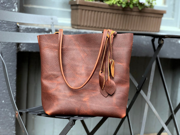 Small Brown Leather Tote, Work and travel leather bag with tassels