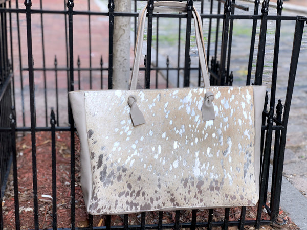 Silver cowhide leather tote bag 22”x 14” Large work and travel computer bag