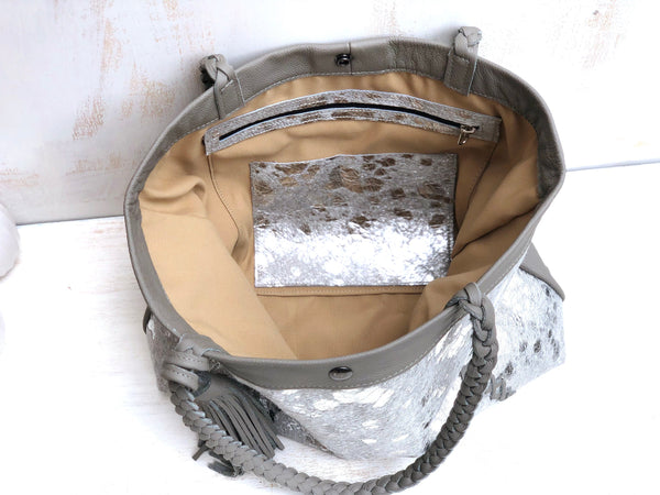 Silver cowhide leather tote, Boho bag, Large work and travel computer bag