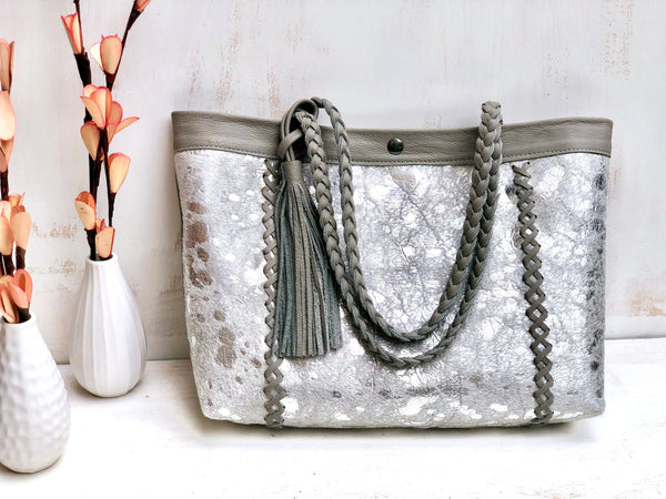 Silver cowhide leather tote, Boho bag, Large work and travel computer bag