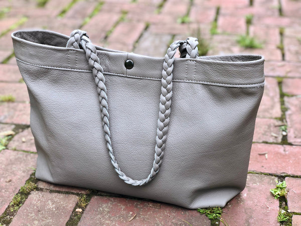 Silver cowhide leather tote, Boho bag, Large work and travel computer bag