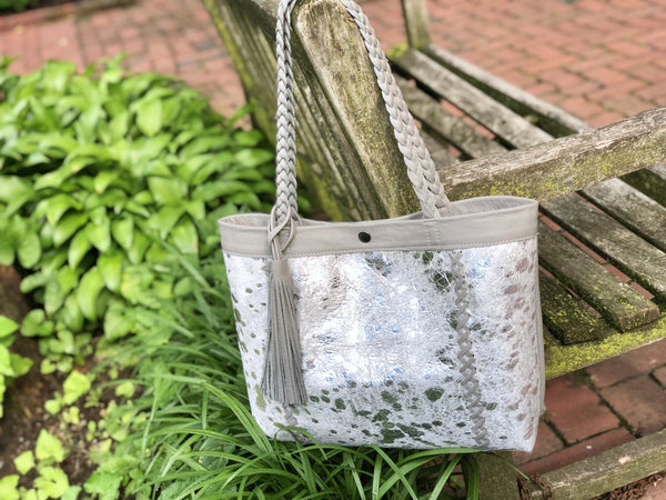 Silver cowhide leather tote, Boho bag, Large work and travel computer bag