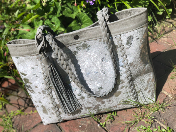 Silver cowhide leather tote, Boho bag, Large work and travel computer bag
