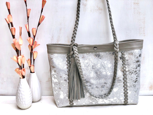 Silver cowhide leather tote, Boho bag, Large work and travel computer bag