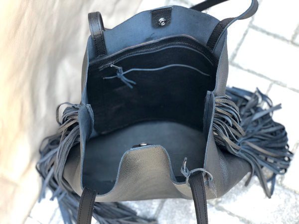 Large black leather bag with fringe, Oversize Work Travel Leather bag