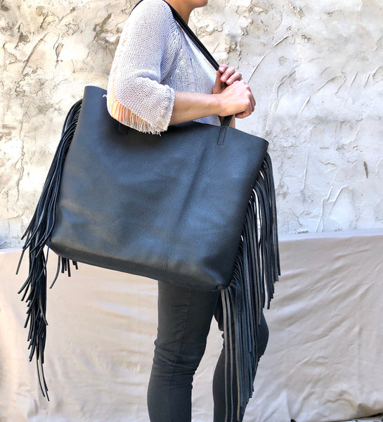 Large black leather bag with fringe, Oversize Work Travel Leather bag
