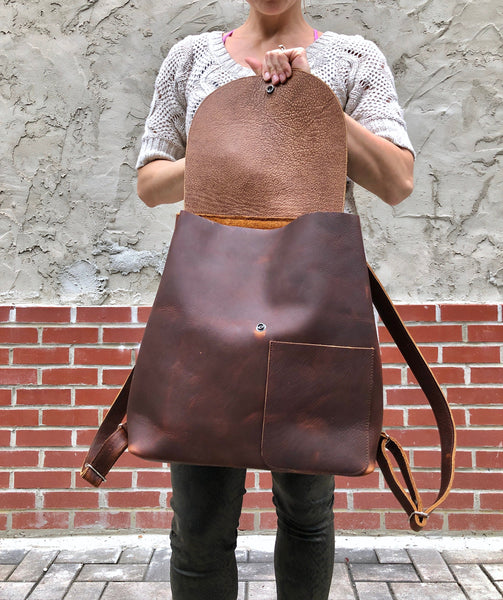 Large Brown Leather Backpack Rucksack, School Work Computer Backpack