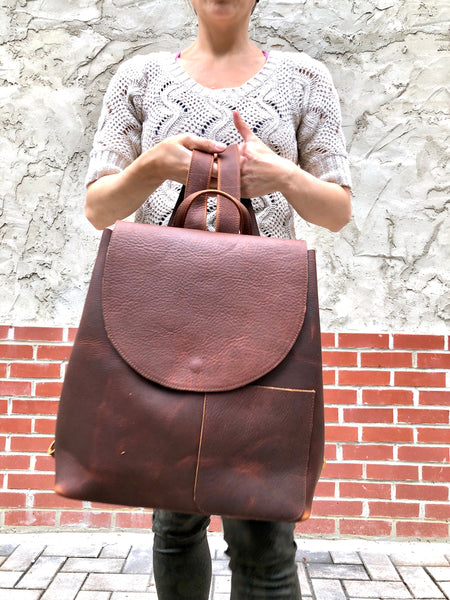 Large Brown Leather Backpack Rucksack, School Work Computer Backpack
