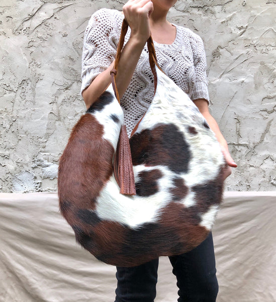Cowhide leather round hobo bag, Unique cow hair leather bag