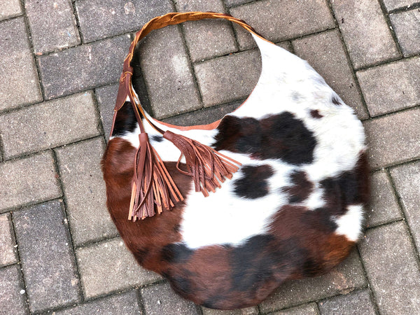 Cowhide leather round hobo bag, Unique cow hair leather bag