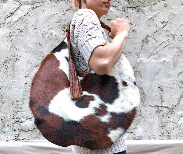 Cowhide leather round hobo bag, Unique cow hair leather bag
