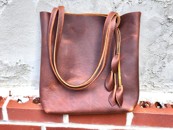 Small Brown Leather Tote, Work and travel leather bag with tassels