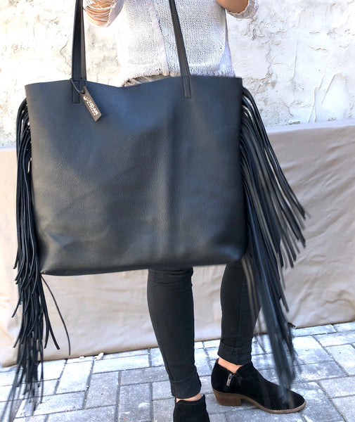 Large black leather bag with fringe, Oversize Work Travel Leather bag