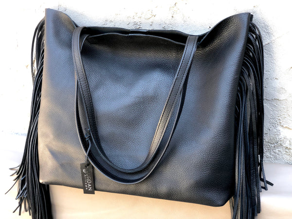 Large black leather bag with fringe, Oversize Work Travel Leather bag