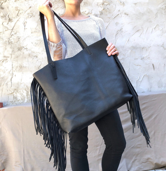 Large black leather bag with fringe, Oversize Work Travel Leather bag