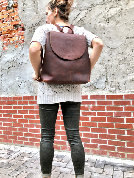 Large Brown Leather Backpack Rucksack, School Work Computer Backpack