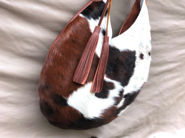 Cowhide leather round hobo bag, Unique cow hair leather bag